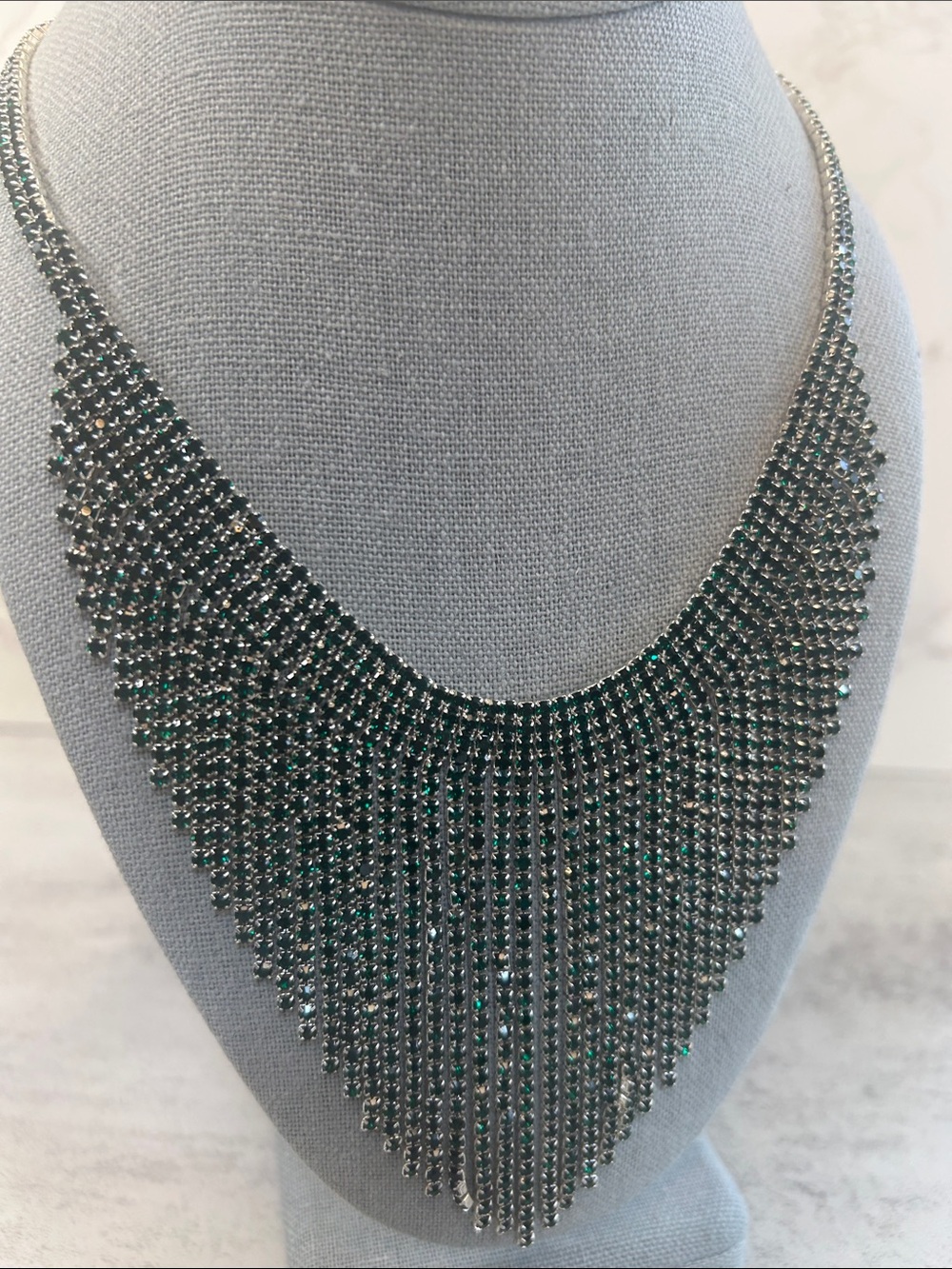 Green Glass Rhinestone Statement Fringe Bib Necklace - Elegant Women's Jewelry